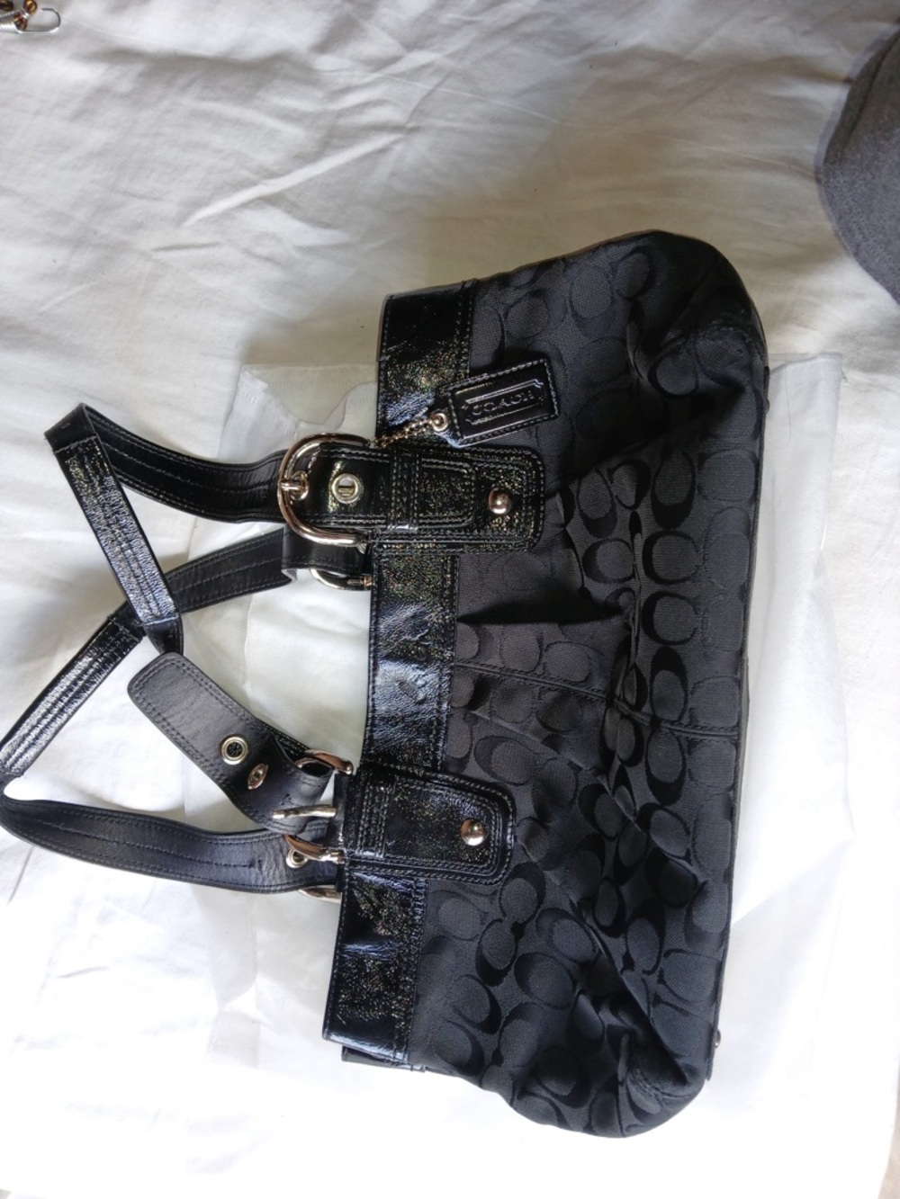 Coach Black Signature Jacquard Shoulder Bag with Patent Trim